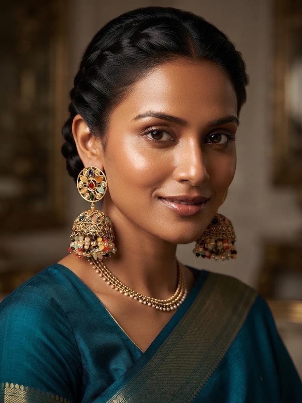 Gold Jhumka Earrings with Multicolor Stones - Traditional Women's Jewelry